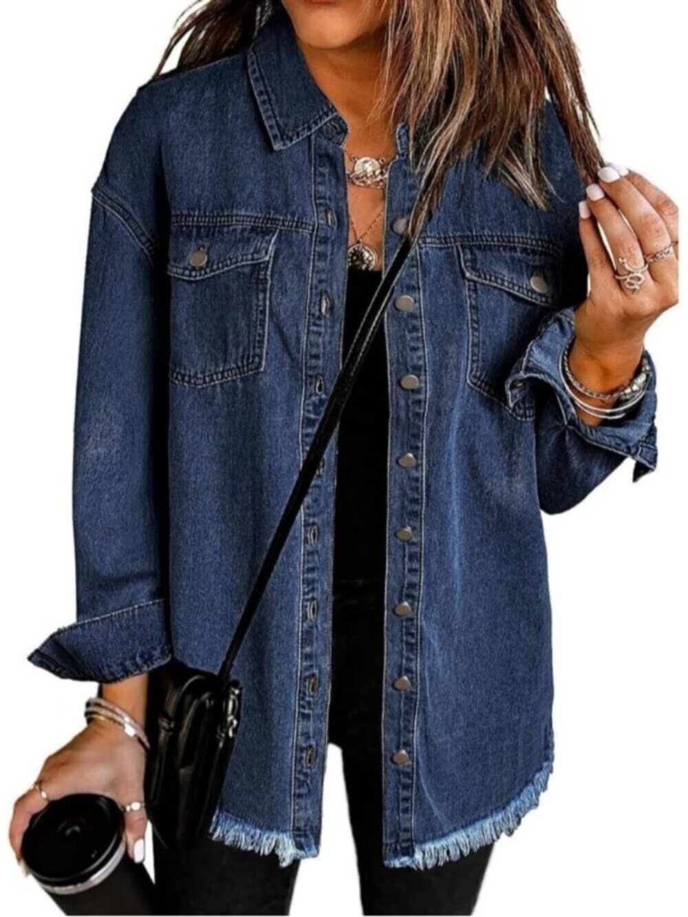 Women's Dark Blue Oversized Drop Shoulder Button Up Frayed Hem Denim Jean Jacket